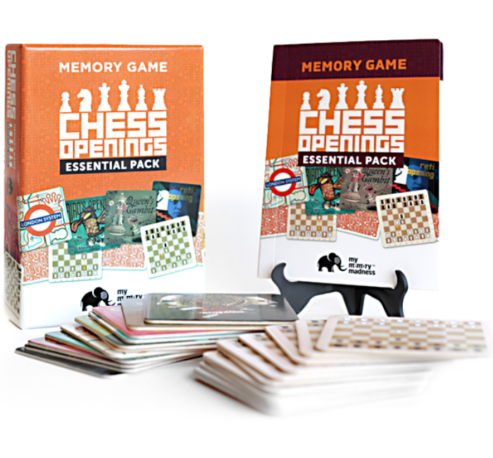Chess Openings Memory Matching Game. The first of it's kind to teach 12 classic chess openings in a fun and creative way. Featured here are the box, booklet and tiles.